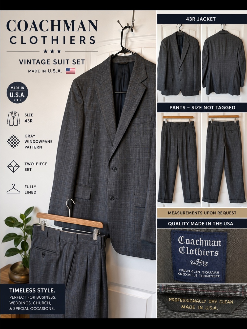 Men's Coachman Clothiers Gray Windowpane Suit Jacket & Pants - 43R